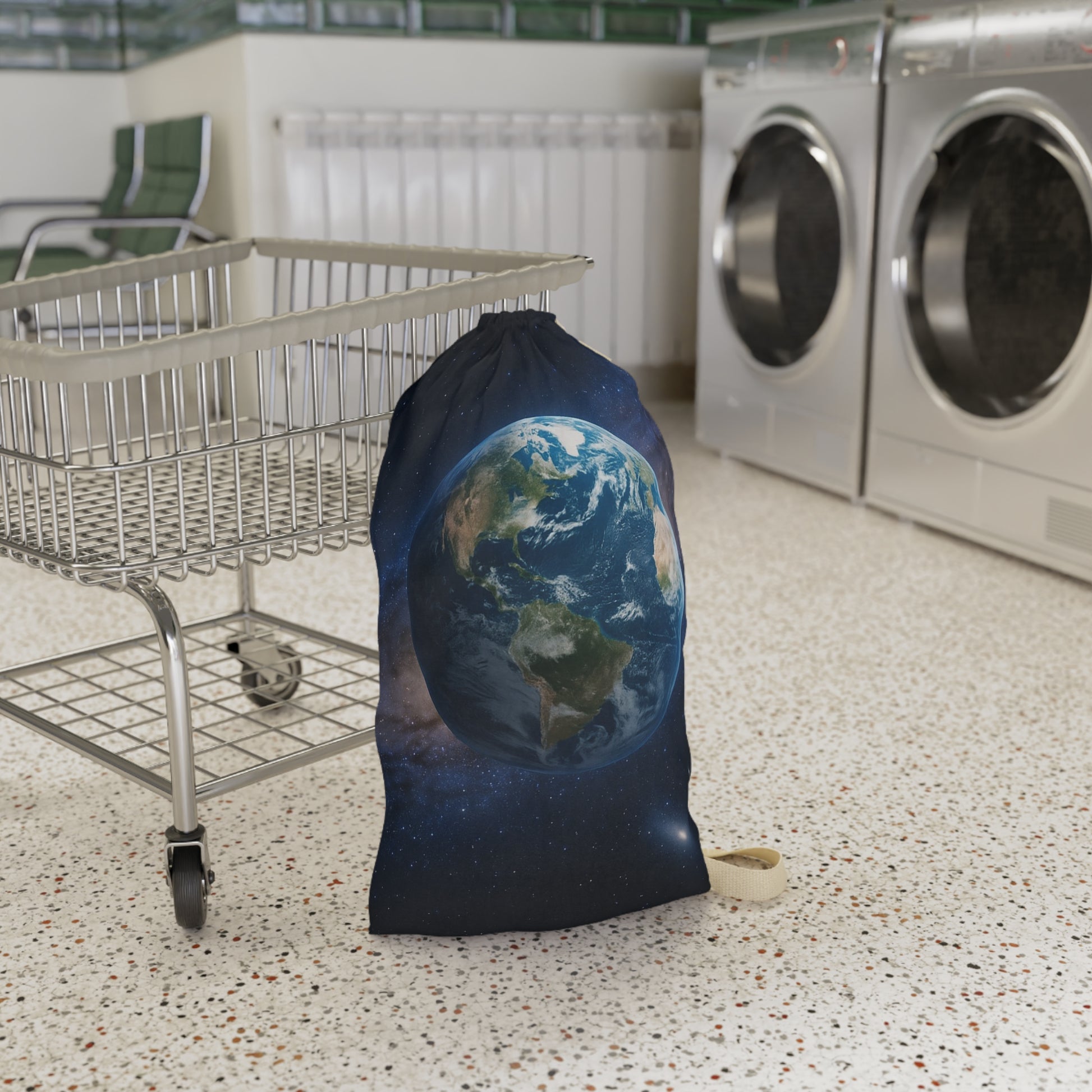 Earth globe laundry bag with planet space print, drawstring canvas pouch for laundry storage and travel use.