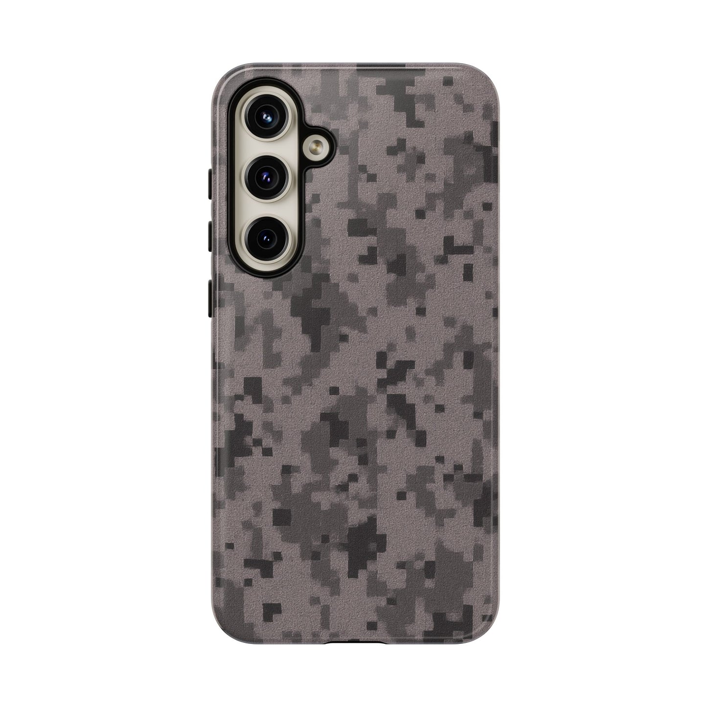 Gray digital camouflage phone case by Printify, tough protective cover for smartphones with a rugged camo design.