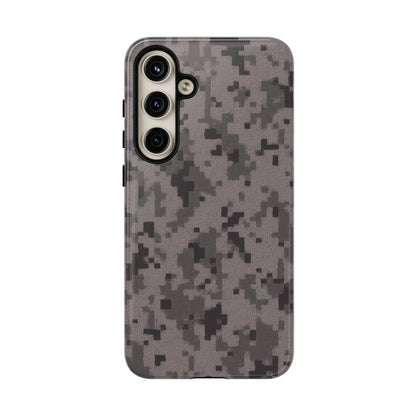 Gray digital camouflage phone case by Printify, tough protective cover for smartphones with a rugged camo design.