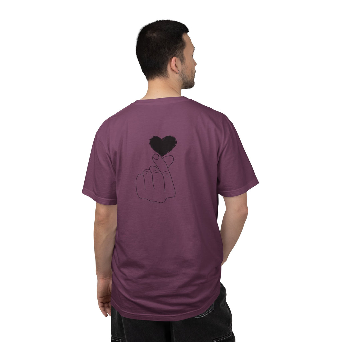 Minimal black heart graphic T-shirt by Printify featuring a finger heart design on a classic black tee.