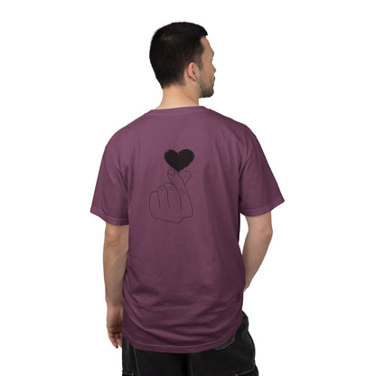 Minimal black heart graphic T-shirt by Printify featuring a finger heart design on a classic black tee.