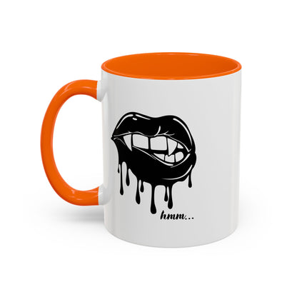 Black Dripping Lips Accent Coffee Mug with Bite graphic, available in 11oz and 15oz sizes, by Printify.