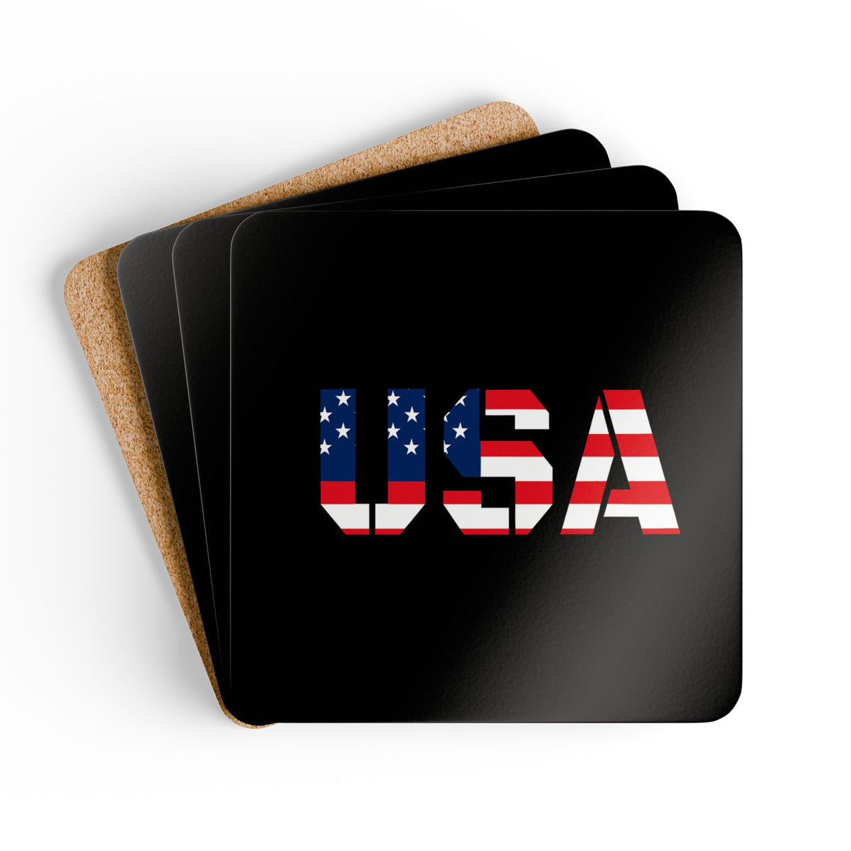 USA flag corkwood coaster set with four patriotic drink coasters featuring stars and stripes for 4th of July and everyday use.