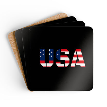USA flag corkwood coaster set with four patriotic drink coasters featuring stars and stripes for 4th of July and everyday use.