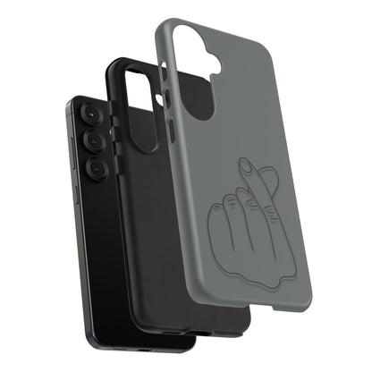 Silicone phone case with embossed Korean finger heart design, compatible with smartphones, by Printify.