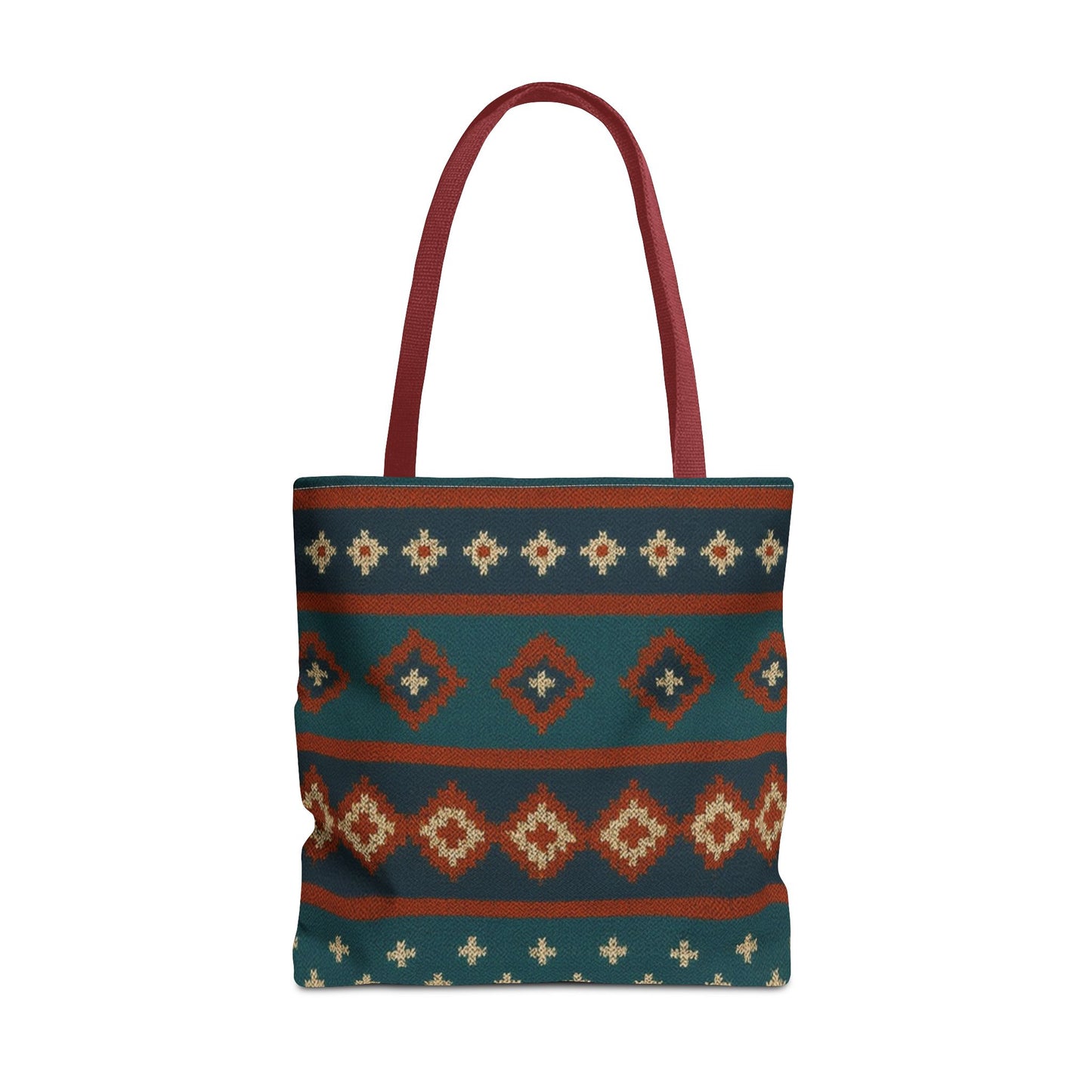 Southwestern diamond pattern tote bag with Aztec tribal geometric print, featuring sturdy handles and vibrant design.