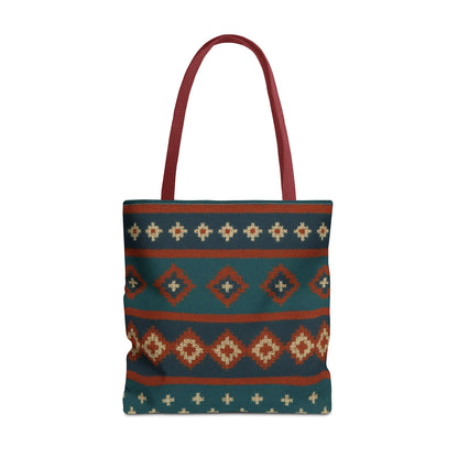 Southwestern diamond pattern tote bag with Aztec tribal geometric print, featuring sturdy handles and vibrant design.