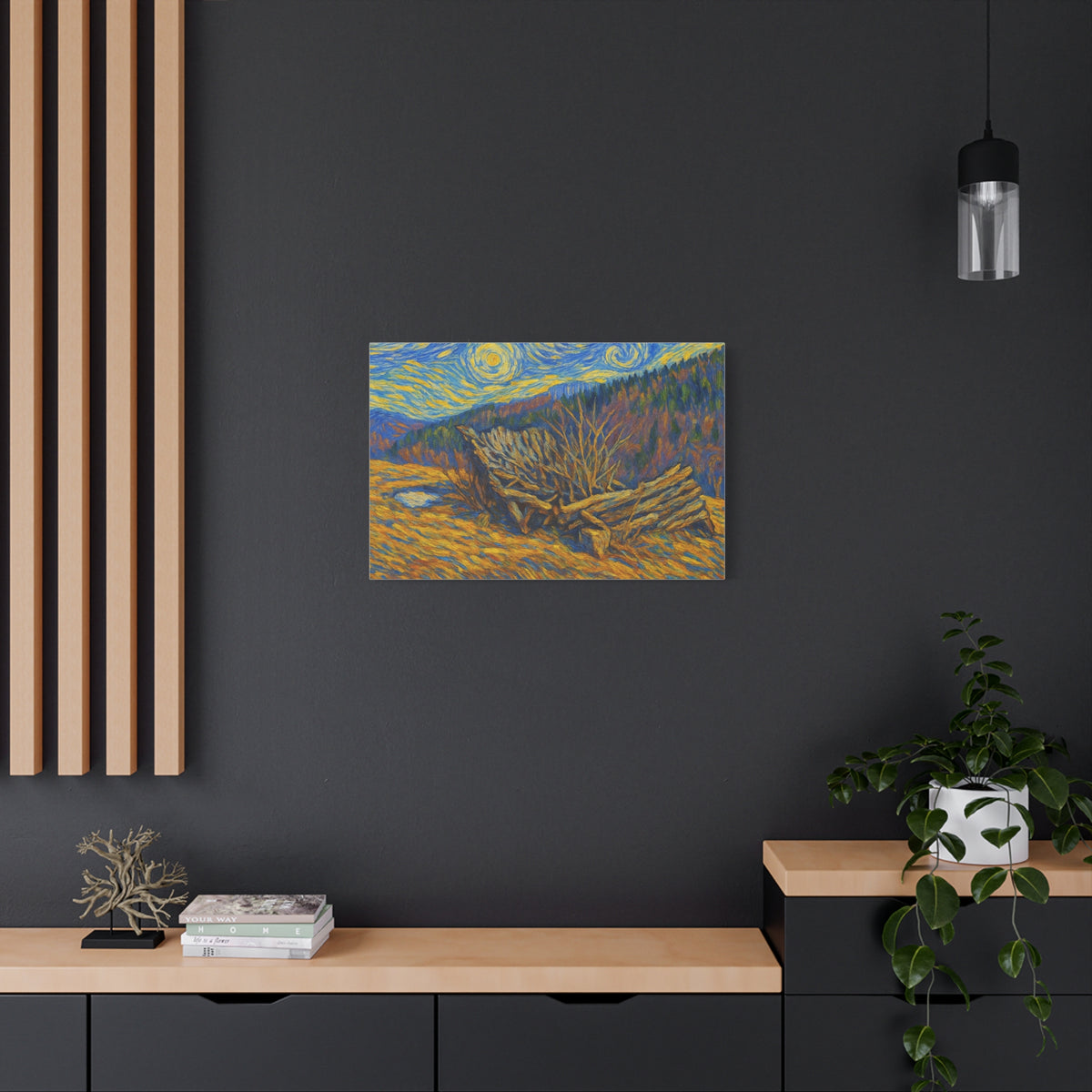Impressionist Starry Landscape canvas print by Printify featuring a vibrant night sky with stars and a scenic landscape.