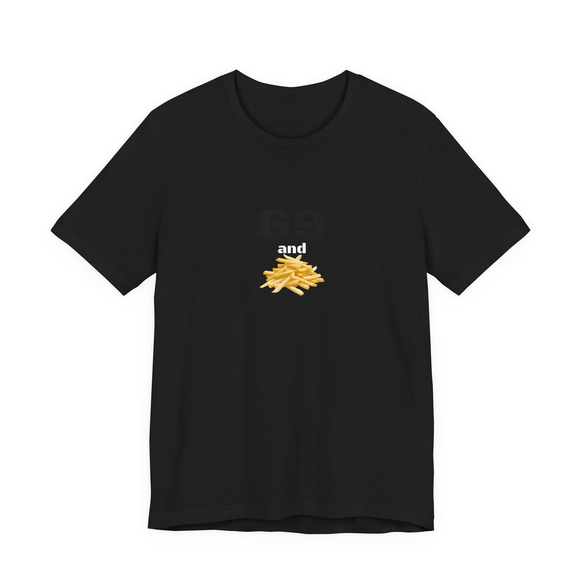 Unisex graphic T-shirt featuring a playful design with "69" and French fries, by Printify, casual and fun for everyday wear.