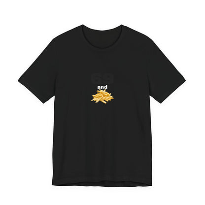 Unisex graphic T-shirt featuring a playful design with "69" and French fries, by Printify, casual and fun for everyday wear.