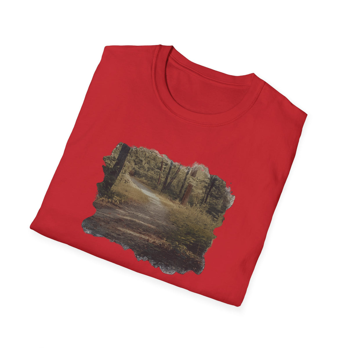 Vintage forest landscape T-shirt by Printify featuring a nature pathway design on soft cotton fabric.