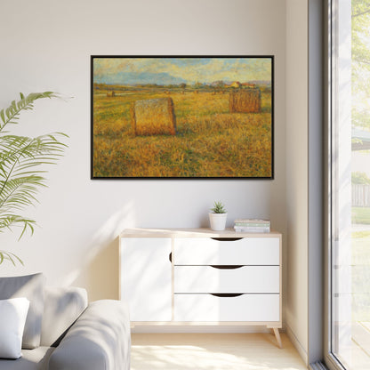 Framed matte canvas wall art featuring a rustic hayfield landscape print by Printify, showcasing vibrant countryside scenery.