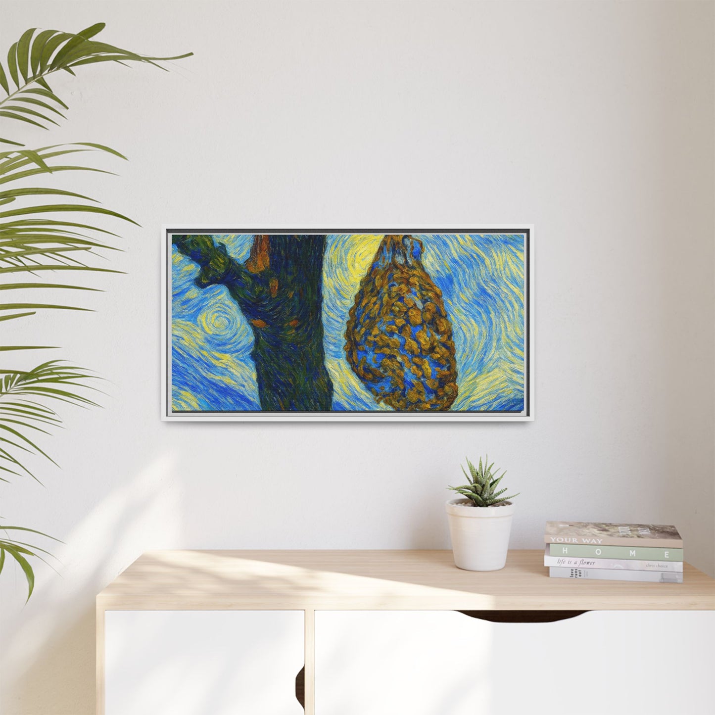 Framed matte canvas art of a starry nut cluster with dried plum in a tree, by Printify, showcasing detailed nature-inspired artwork.