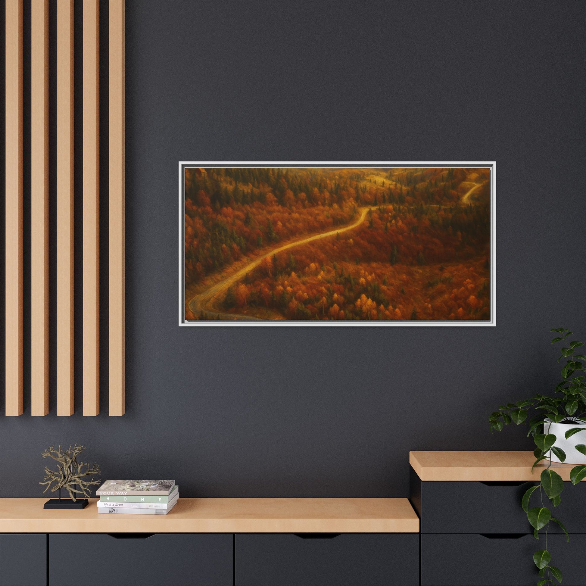 Framed matte canvas print of a forest road landscape, featuring autumn trees and vibrant fall colors, by Printify.
