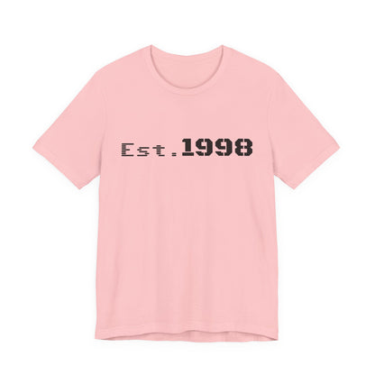 Vintage Est. 1998 T-Shirt by Printify featuring a graphic design celebrating the year of birth.