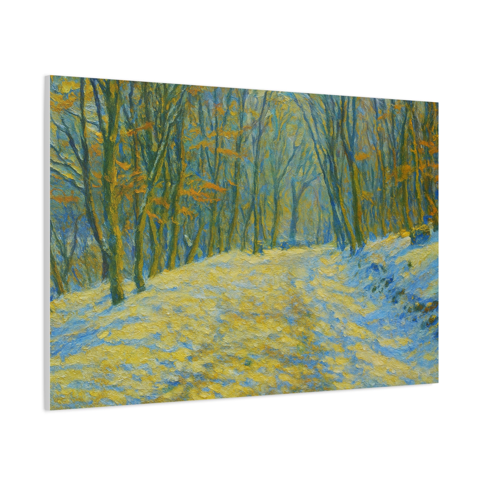 Winter landscape canvas wall art by Printify featuring a cozy nature scene, ideal for living room decor.