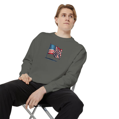 Patriotic Unisex Garment-Dyed Sweatshirt with Vintage American Flag, Cozy Fall Outfit, Statement Sweater, Gift for Veterans, Casual Fashion - TRV