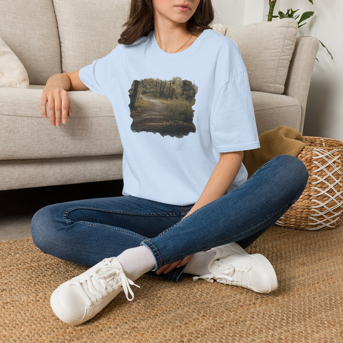 Vintage forest landscape T-shirt by Printify featuring a nature pathway scene on a casual cotton tee.