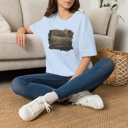 Vintage forest landscape T-shirt by Printify featuring a nature pathway scene on a casual cotton tee.