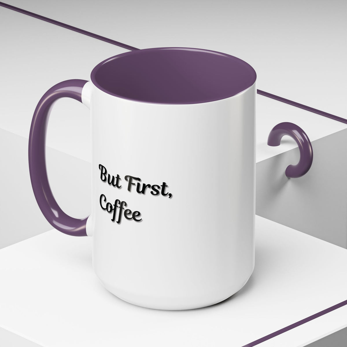 Black handle and rim coffee mug from Printify featuring "But First Coffee" text, 11oz or 15oz size, ceramic cup for daily use.