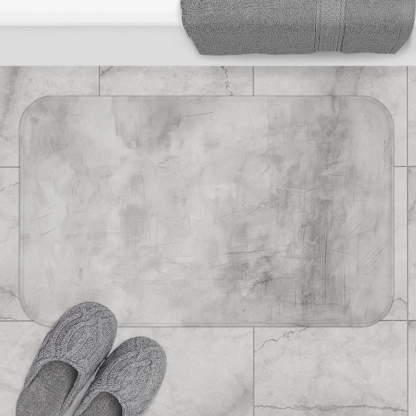 Grey modern minimalist rug bath mat by Printify, soft and plush for bathroom comfort and stylish home decor.