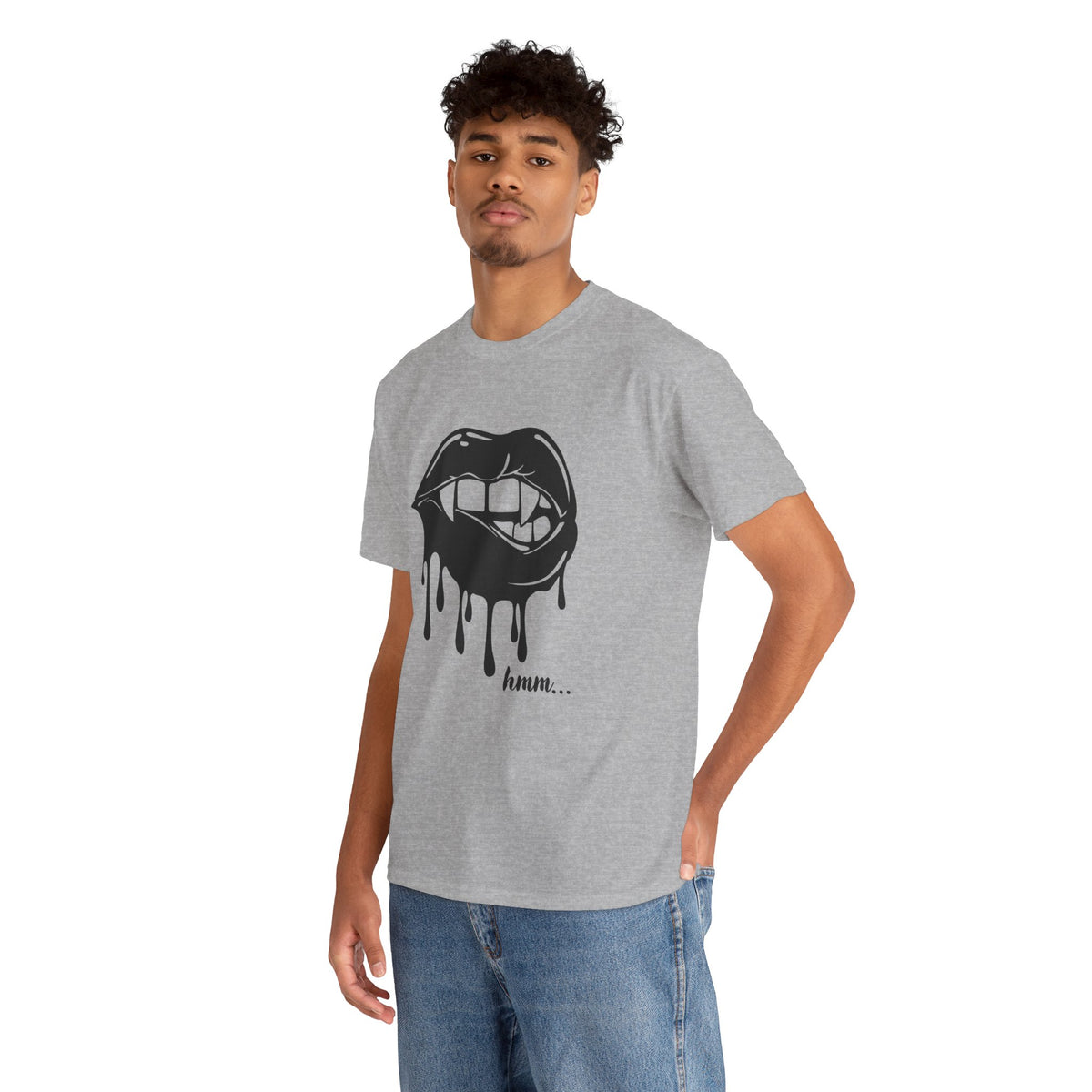 Black graphic T-shirt featuring a dripping lips "hmm..." bite design by Printify, with bold print on the front.