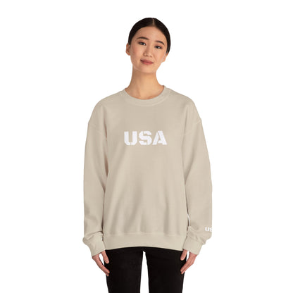 USA crewneck sweatshirt by Printify featuring a cozy, patriotic design, perfect for every season.