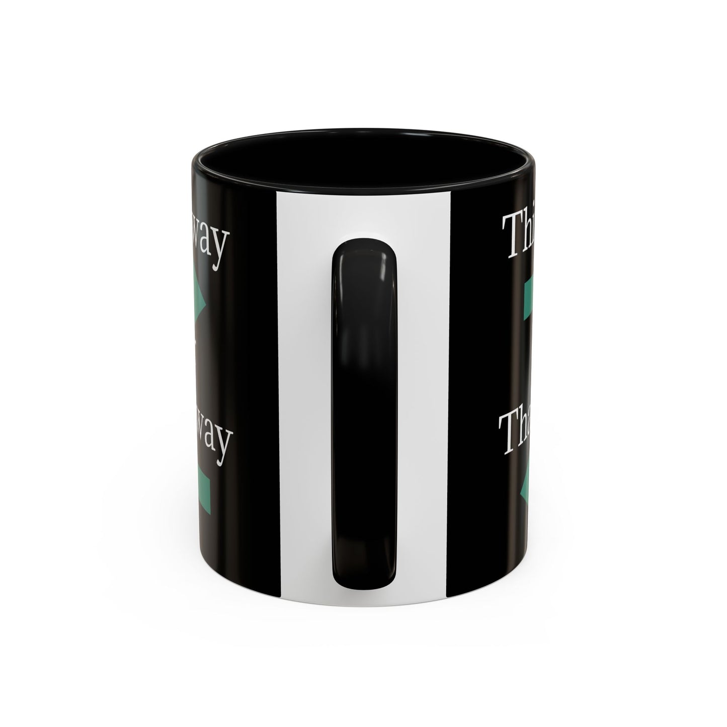 Ceramic coffee mug with "This Way or That Way" arrow design in 11oz or 15oz size, featuring a white background and printed text.