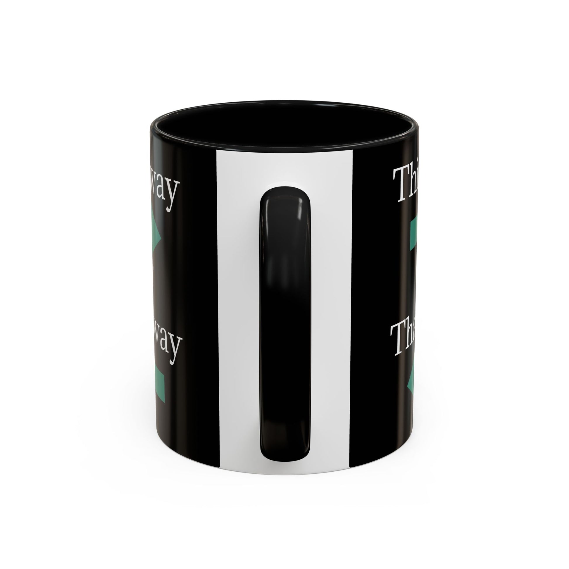 Ceramic coffee mug with "This Way or That Way" arrow design in 11oz or 15oz size, featuring a white background and printed text.