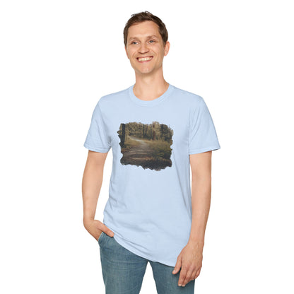 Vintage forest landscape T-shirt by Printify featuring a nature pathway design on a casual cotton tee.