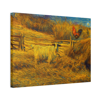 Rustic Farmhouse Canvas Print with Goat and Rooster, Country Decor, Animal Art, Gift for Farmers, Farmhouse Wall Art, Rustic Home Decor