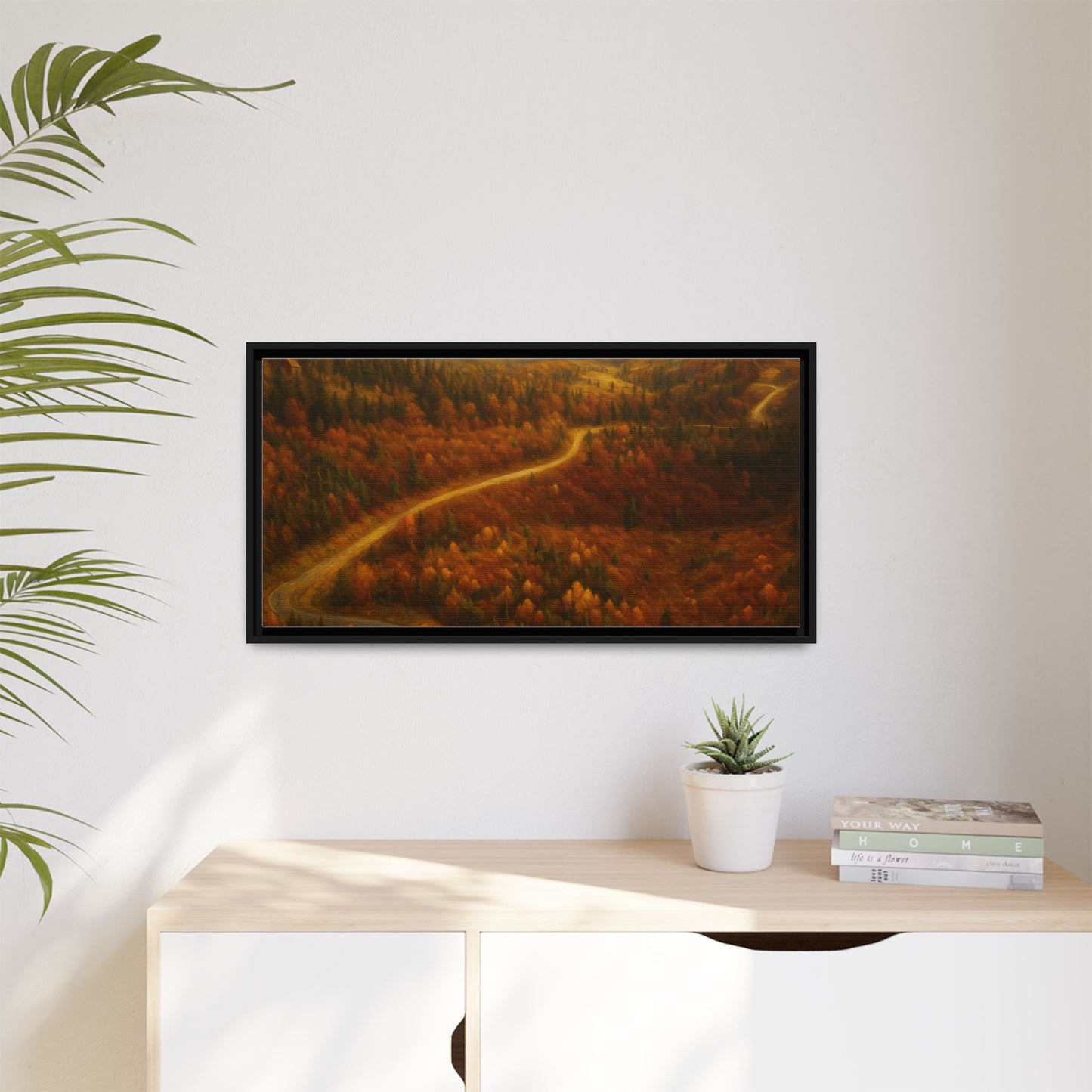 Framed matte canvas print of autumn forest road landscape wall art by Printify, showcasing vibrant fall trees and scenic nature pathway.