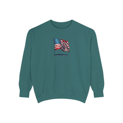 Patriotic Unisex Garment-Dyed Sweatshirt with Vintage American Flag, Cozy Fall Outfit, Statement Sweater, Gift for Veterans, Casual Fashion - TRV