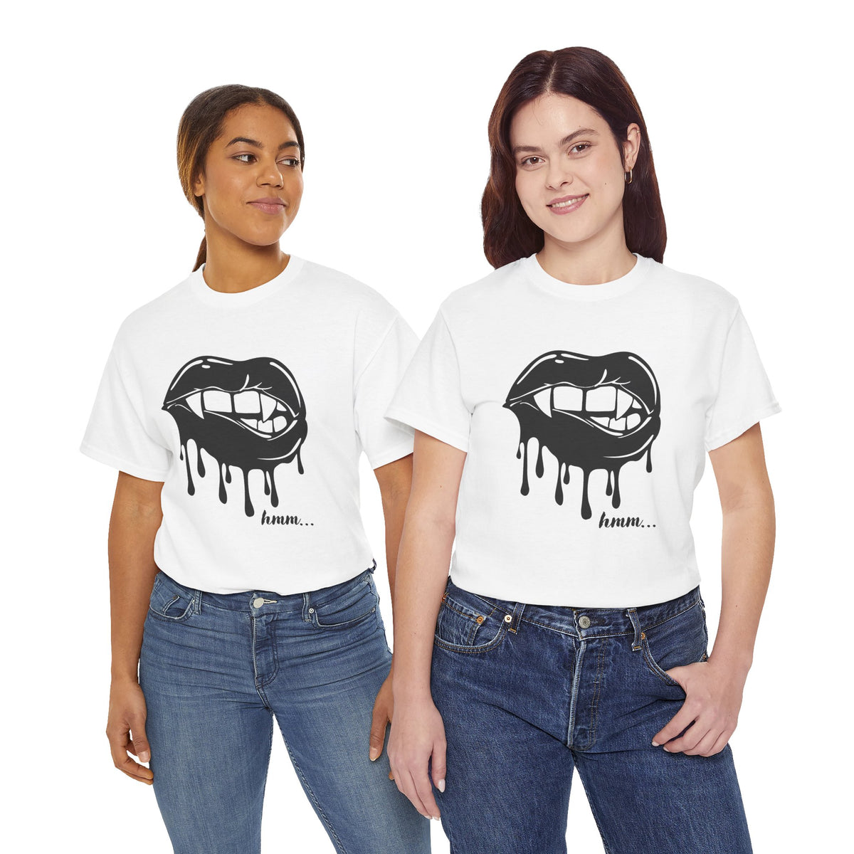 Black graphic T-shirt by Printify featuring dripping lips and 'hmm...' bite design on the front.