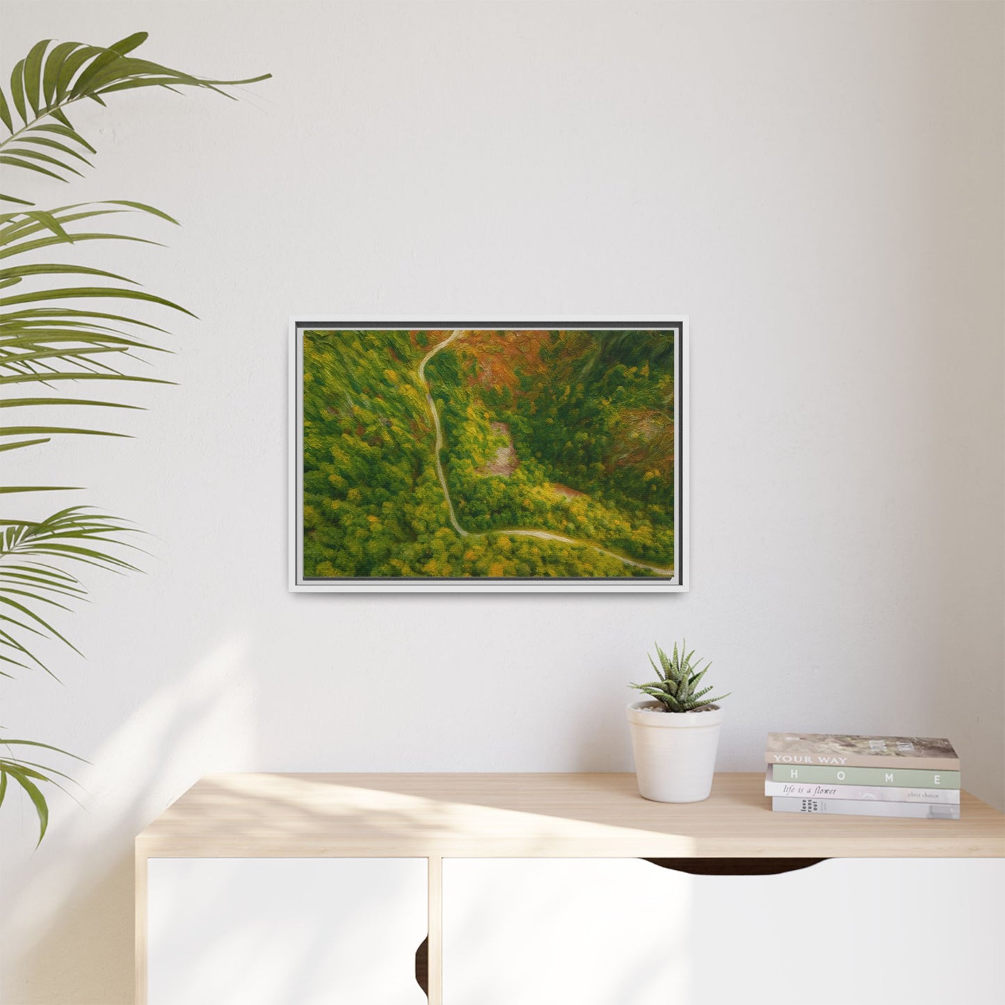 Colorful framed matte canvas wall art featuring a scenic aerial forest path landscape by Printify.
