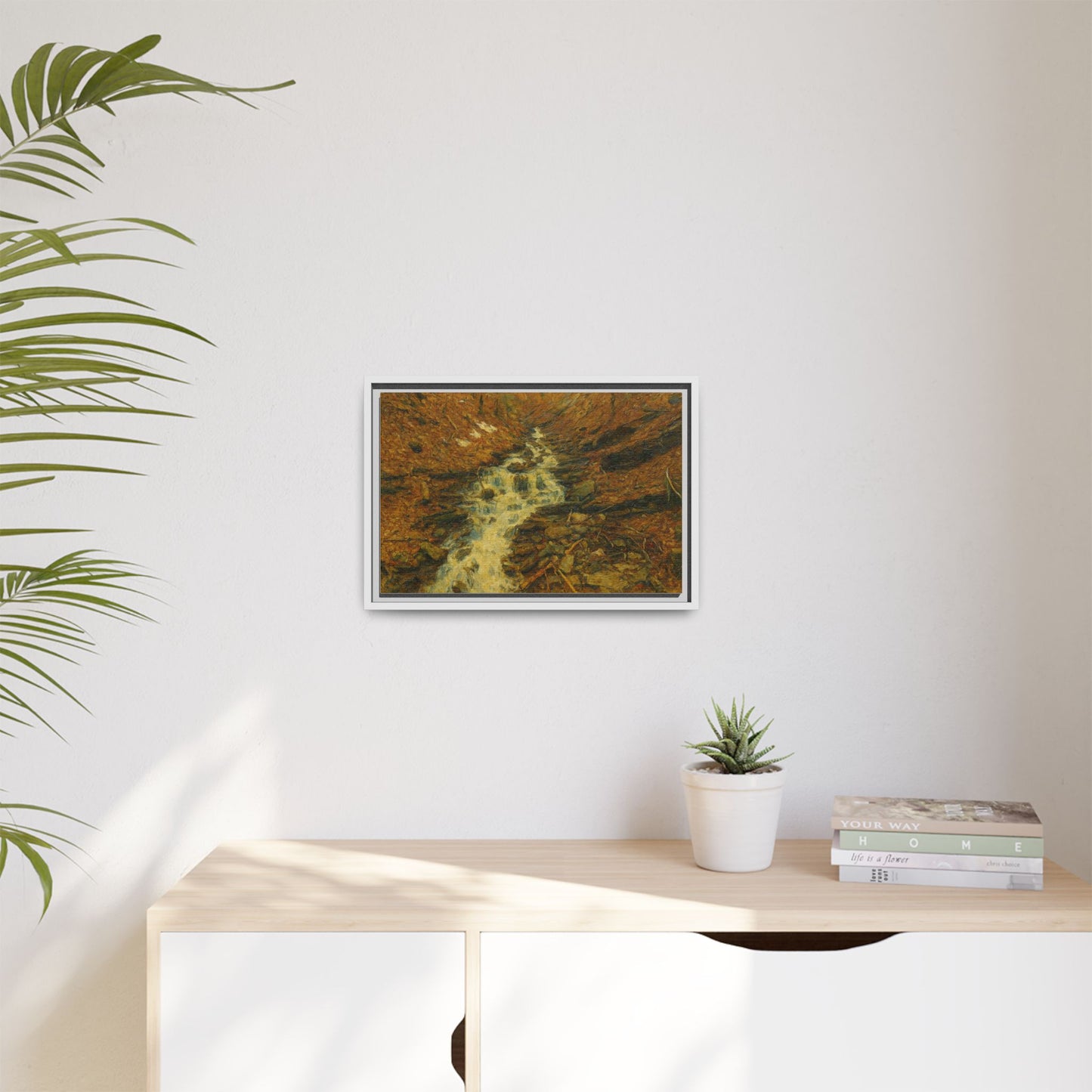 Framed matte canvas print of autumn stream landscape artwork by Printify, showcasing vibrant fall colors and serene nature scene.