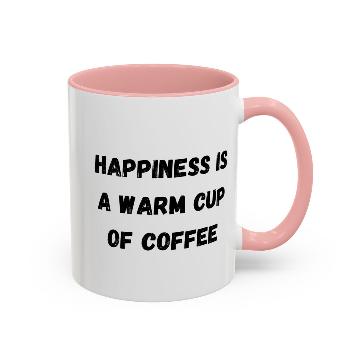 Ceramic coffee mug with the phrase “Happiness Is A Warm Cup Of Coffee” printed on white ceramic, Printify brand.