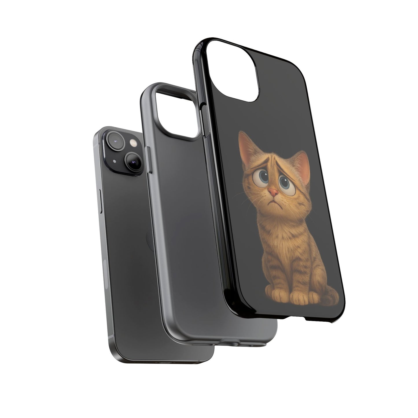 Cute sad kitty design phone case for iPhone by Printify, featuring a protective cat-themed cover with a sad kitten illustration.