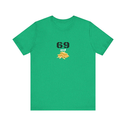 Unisex graphic T-shirt featuring a humorous 69 and French fries design in black with colorful print.