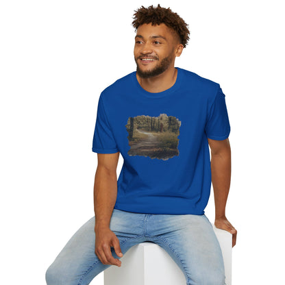 Vintage forest landscape T-shirt by Printify featuring a nature pathway scene on a casual tee.