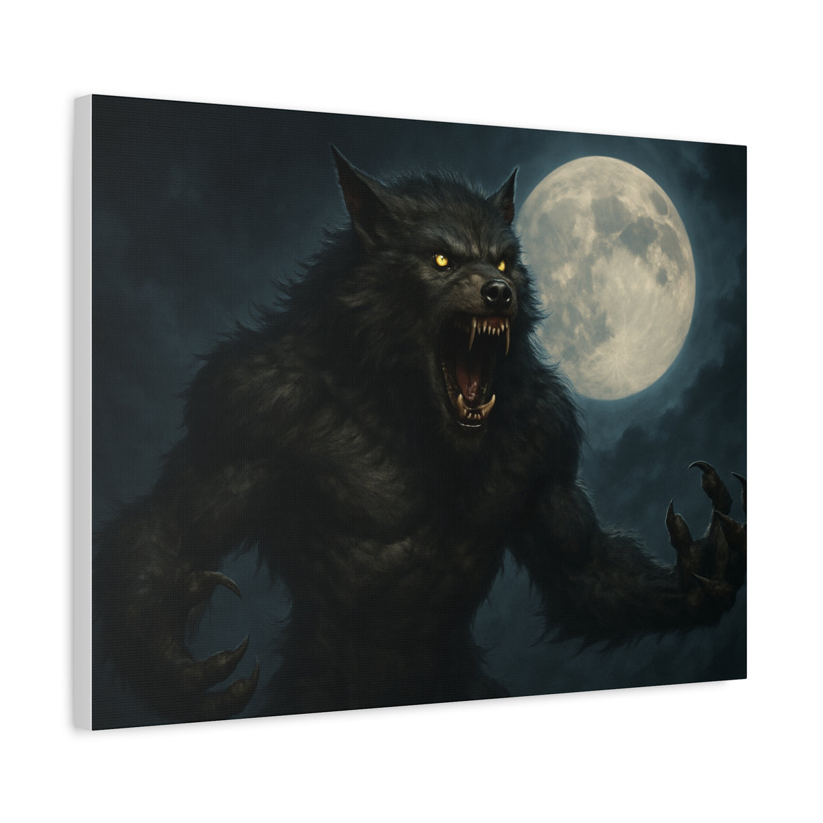 Spooky werewolf moon matte canvas print featuring a full moon, ideal for dark or gothic wall art decor.