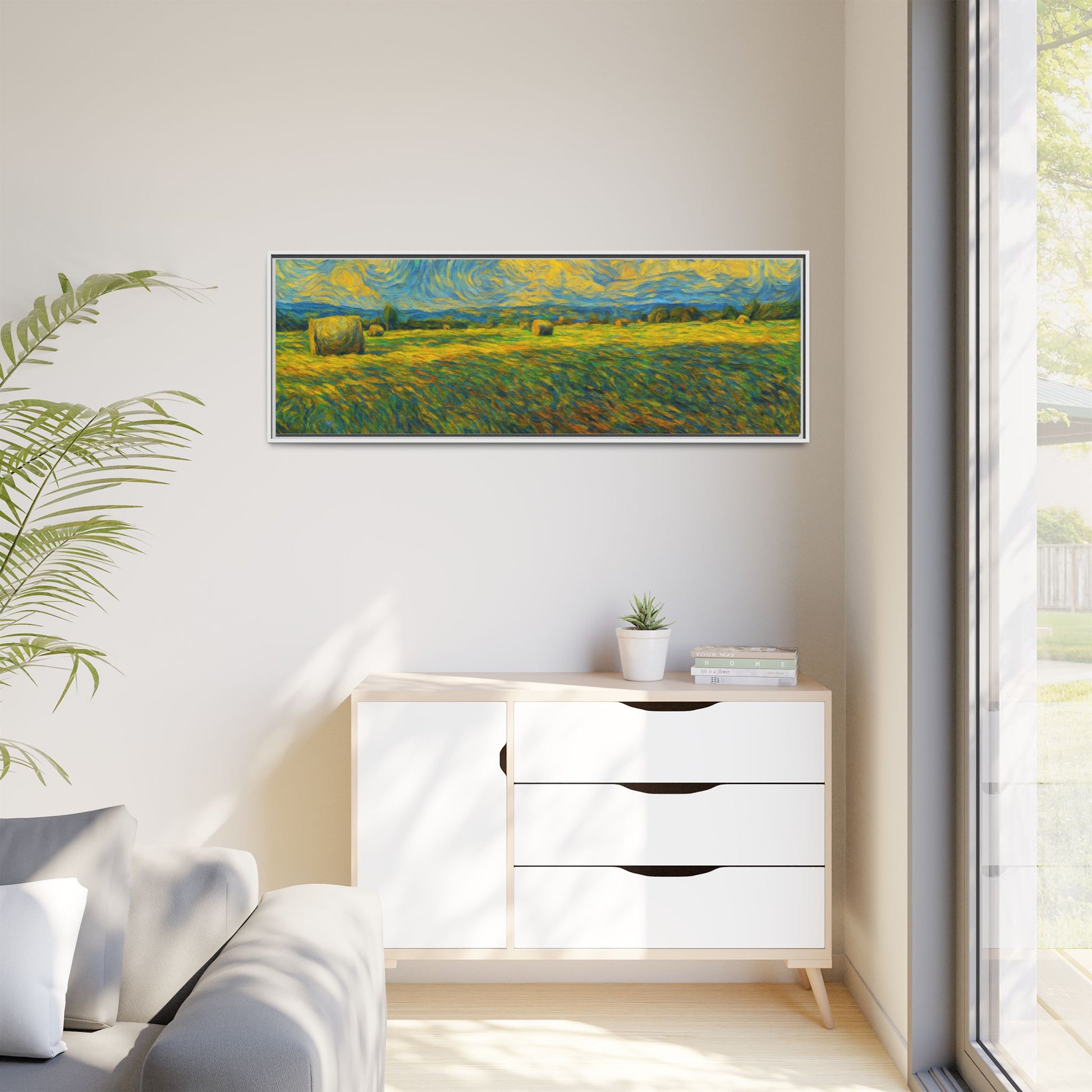 Framed landscape matte canvas print with vibrant multi-color design by Printify, showcasing a scenic artwork.