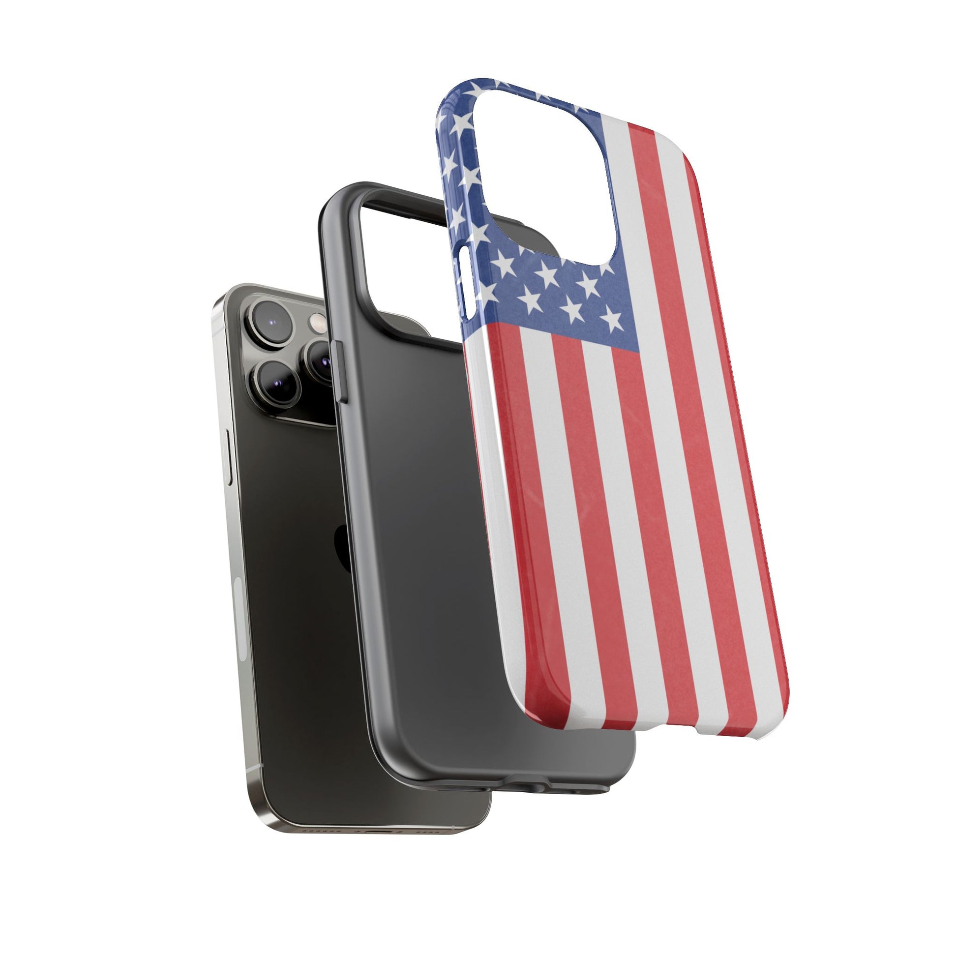 American flag tough phone case for iPhone and Samsung, patriotic protective cover with bold flag design and durable material.