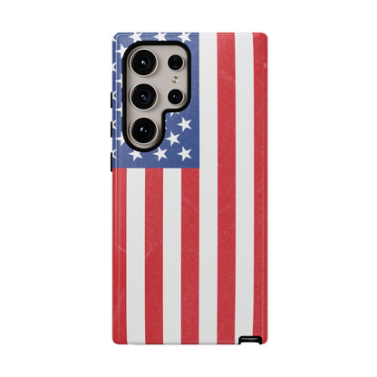 American flag tough phone case for iPhone and Samsung, durable patriotic protective cover with bold flag design.
