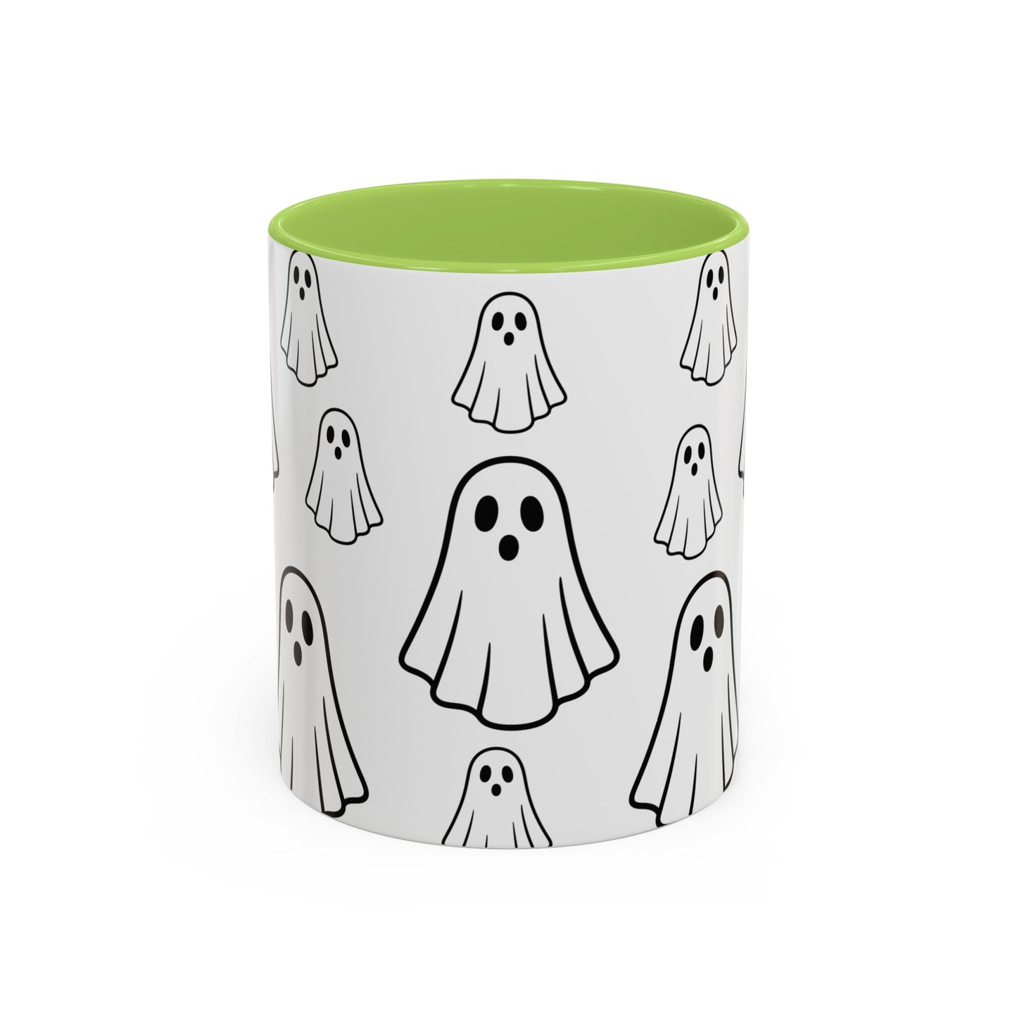 White ceramic coffee mug with ghost pattern, 11oz, featuring cute Halloween-themed ghost design, ideal for spooky season drinks.