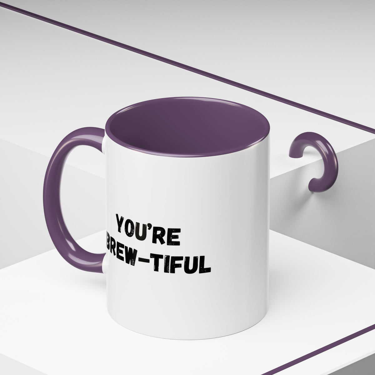 You’re Brew-tiful Coffee Mug – Cute Coffee Pun Accent Mug (11/15oz) — white ceramic accent mug with glossy finish and bold black “YOU’RE BREW-TIFUL” print, close-up of the printed design