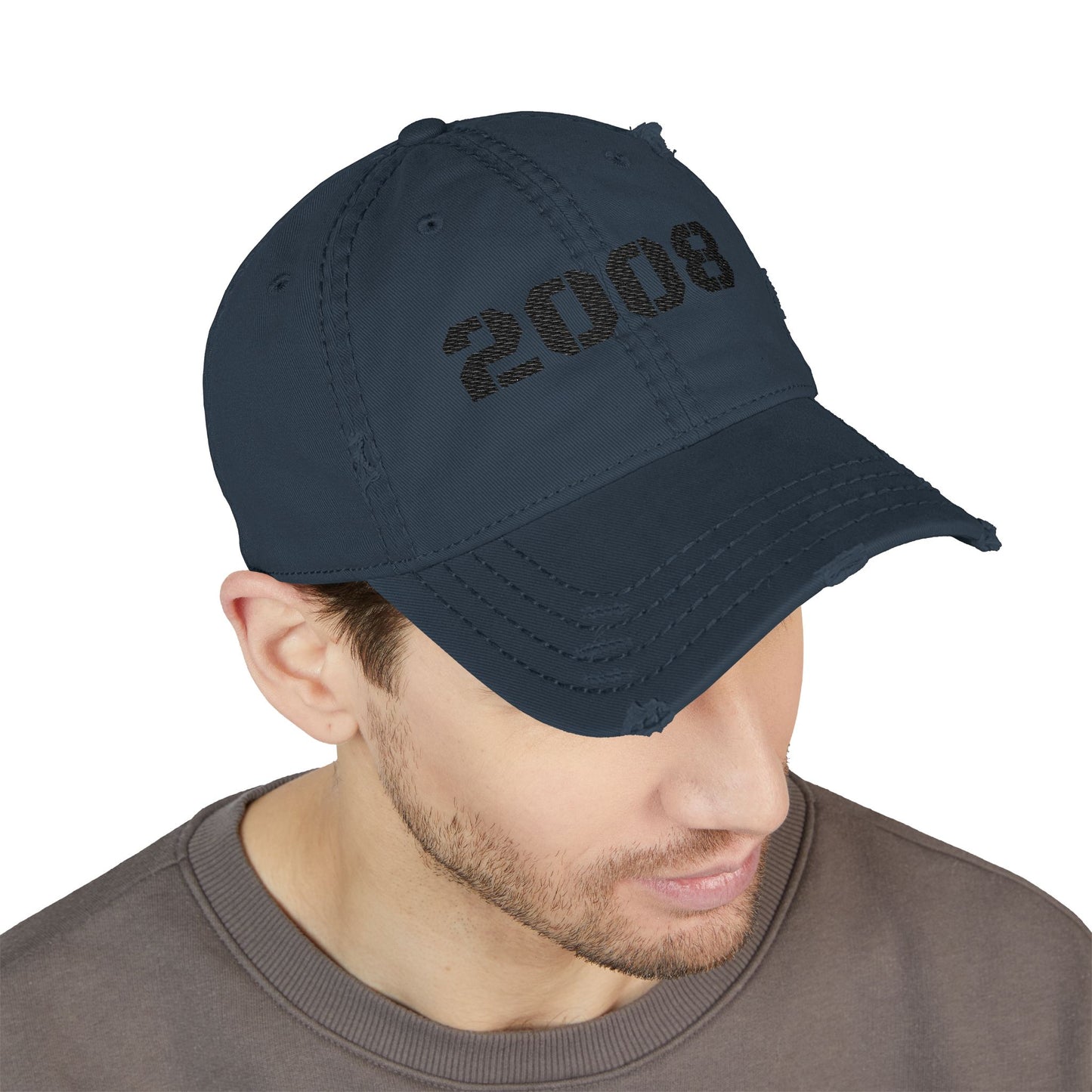 Vintage 2008 distressed dad hat with embroidered design, casual baseball cap by Printify, featuring a worn, distressed look.