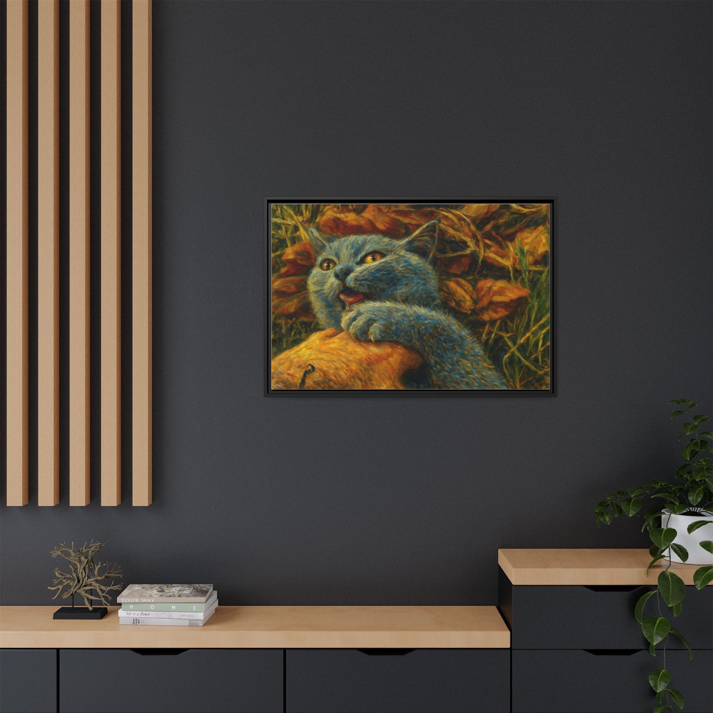 Blue canvas print featuring a whimsical cat artwork, perfect as wall art or a gift for cat lovers.