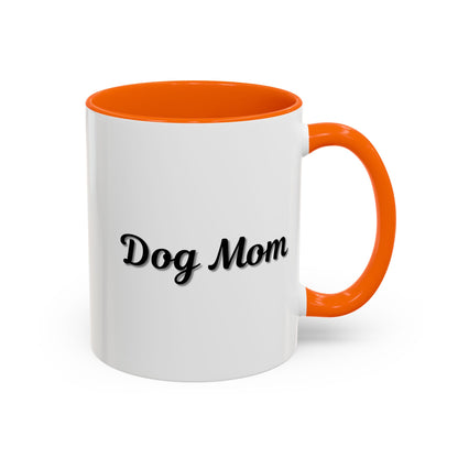 Dog Mom Accent Coffee Mug — white ceramic coffee mug with retro script "Dog Mom" print, colored interior and C-handle, 11oz/15oz, close-up of the printed design