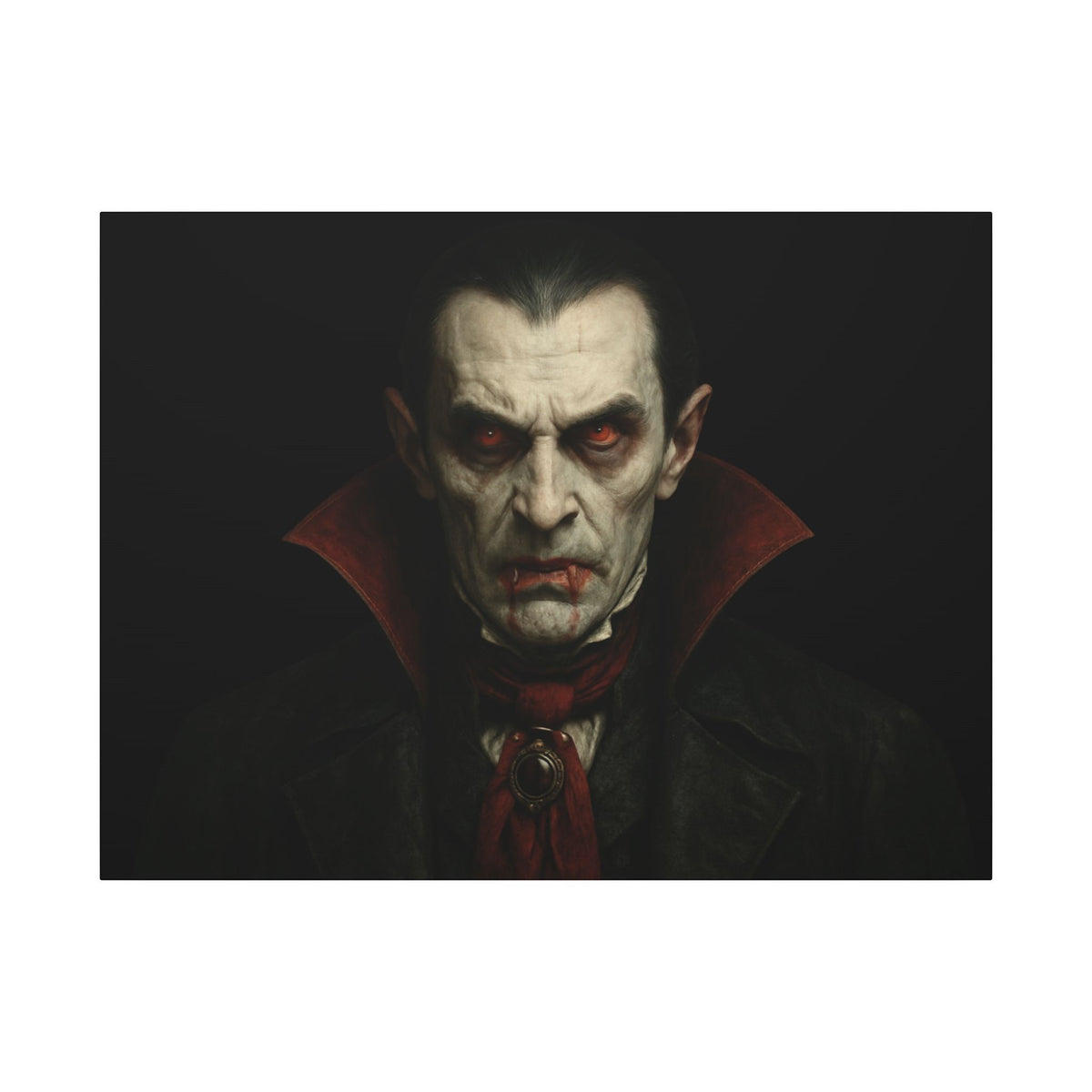 Gothic Dracula vampire portrait canvas print on matte stretched canvas, gothic wall art featuring a dark, eerie vampire face.